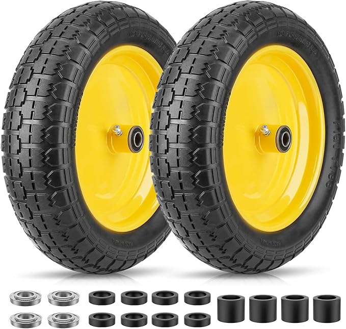 TICONN 4.80/4.00-8 Tire, 16" Flat Free Wheelbarrow Tire and Wheel, Solid Replacement Tires, 5/8" 3/4" Bearings, Universal Fit 4.80/4.00-8, 3.50/3.00-8, 4.00-6 (16" Yellow, 2PK)