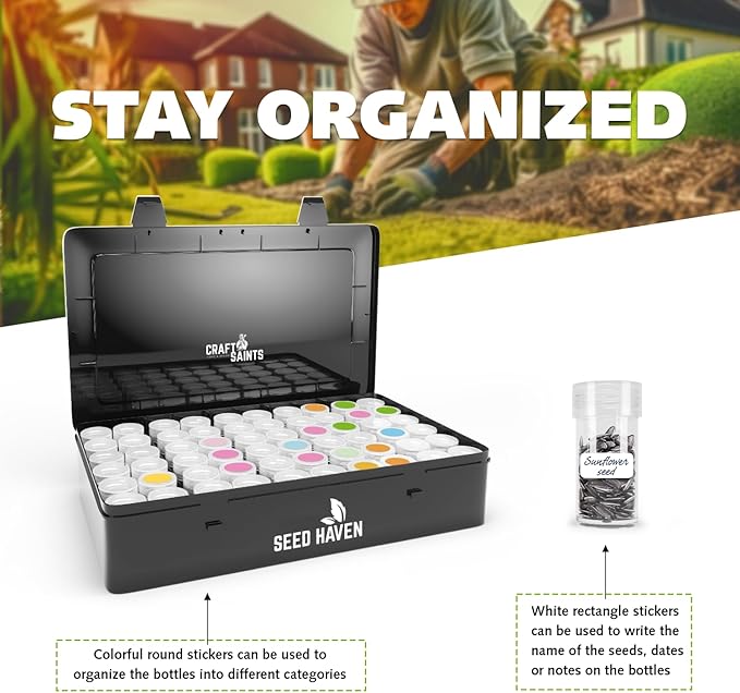 Seed Organizer Storage Box, Black Opaque Light Proof Seed Bank with 60 Transparent Bottles & Labels, Seed Holder Packet Organizer, Seed Vault Container for Homesteaders, Garden Tackle and Sorter