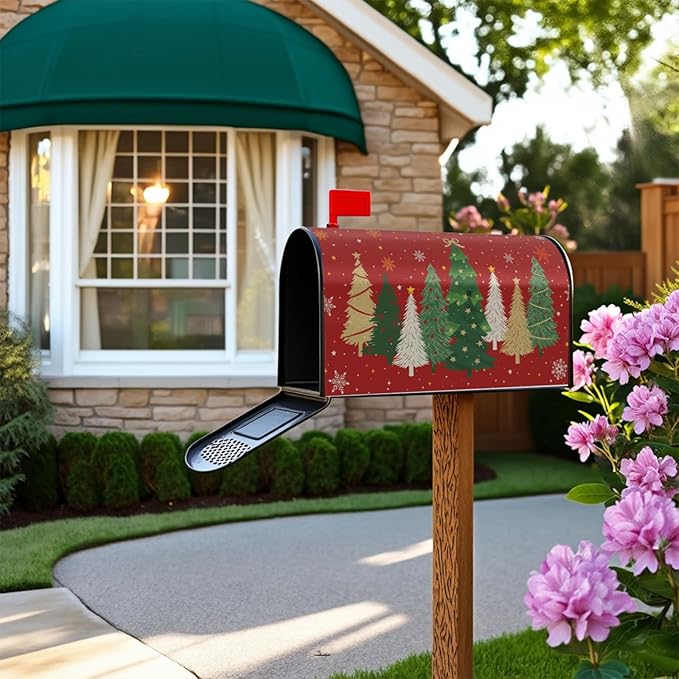 Christmas Large Mailbox Covers Magnetic Oversized Xmas Tree Print Red Winter Mailbox Wraps Holiday Themed Outdoor Decorative Letter Box Cases for Home Garden Outside Decor, 25.5x21 Inch