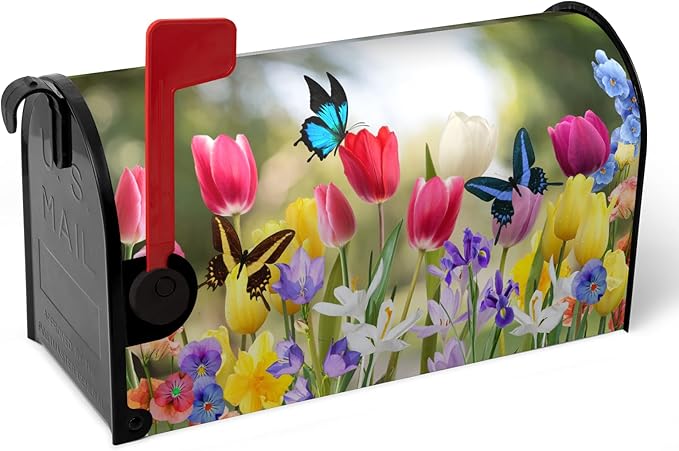 Spring Tulip Mailbox Covers Magnetic Oversized Spring Flowers Mailbox Wraps Large Size 25.5" X 21" Summer Butterfly Floral Resistant Post Letter Box Cover for Garden Yard Home Outdoor Decor