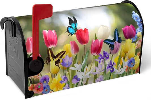 Spring Tulip Mailbox Covers Magnetic Oversized Spring Flowers Mailbox Wraps Large Size 25.5" X 21" Summer Butterfly Floral Resistant Post Letter Box Cover for Garden Yard Home Outdoor Decor