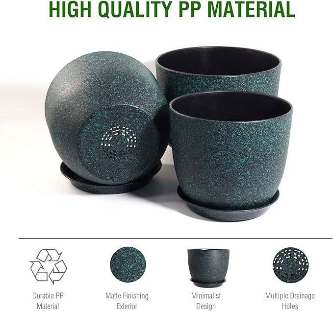 Modern Plant Pots Set, 9/8/7.5 inch Plastic Planters for Indoor Plants, Stylish Flower Pots with Drainage Holes and Saucers for House Plants and Flowers, Black with Green Speckles