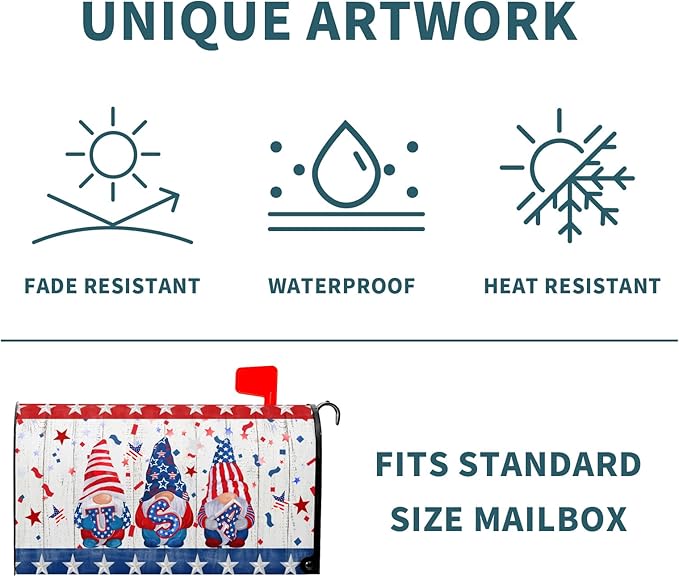 Patriotic Gnomes Mailbox Cover Magnetic 4th of July Elf USA Stars Independence Day Mailbox Wrap Post Cover Standard Size 21"x18" for Garden Yard Outdoor Outside Holiday Decor