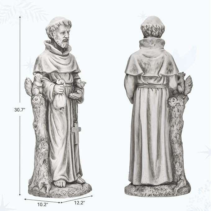 St Francis Garden Statue, 31" Saint Francis Catholic Outdoor Statues, Large Religious Christian Sculpture Deor for Prayer and Meditation, Patron Saint of Animals Patio in Magnesium Oxide Stone