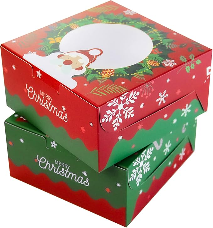 qiqee Christmas Cookie Boxes with Window 100packs 6x6x3 Inch Bakery Box Pastry Box for Christmas