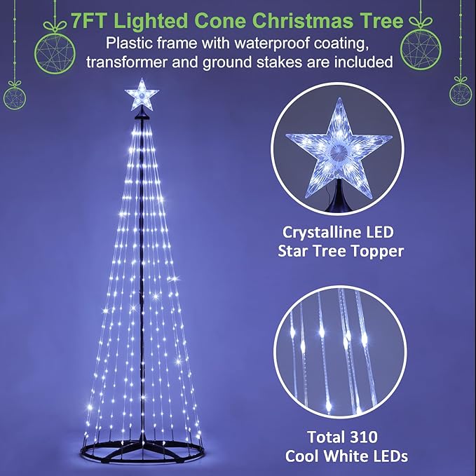 7 ft Lighted Outdoor Christmas Tree, 310 LEDs Pre-lit Christmas Cone Tree with Star Topper for Indoor and Outdoor Holiday Decorations (Cool White)
