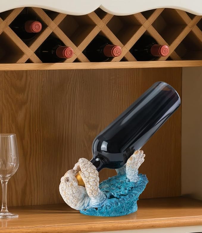 VVGIFTS Sea Turtle Decorative, Figurine Sea Turtle Wine Bottle Holder, Coral Reef Design Coastal Beach Decor, Resin Statue for Home Desk Tabletop, Ornament Gift Decorations (Aqua Blue)