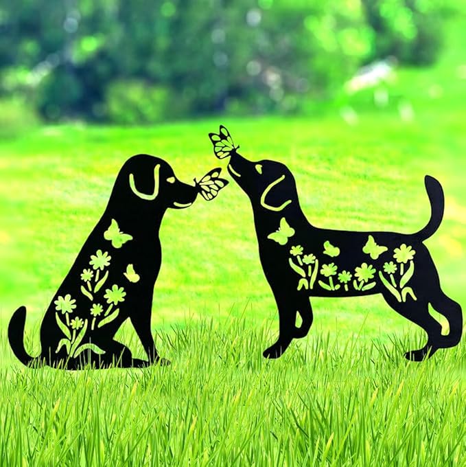 2 Pack Metal Dog Garden Decor for Outside - Unique Dog Statues, Decorative Garden Stakes, Labrador Pet Gifts for Women/Men, Silhouette Yard Art, Ideal for Decorating Backards, (11in)