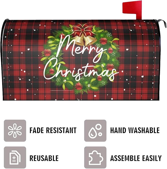 Merry Christmas Wreath Magnetic Mailbox Covers, Standard Size 18 X 21 Winter Xmas Red Buffalo Plaid Mailbox Cover, Holiday Decorations Mailbox Wrap Post Letter Box Cover Decor for Home Outdoor Garden
