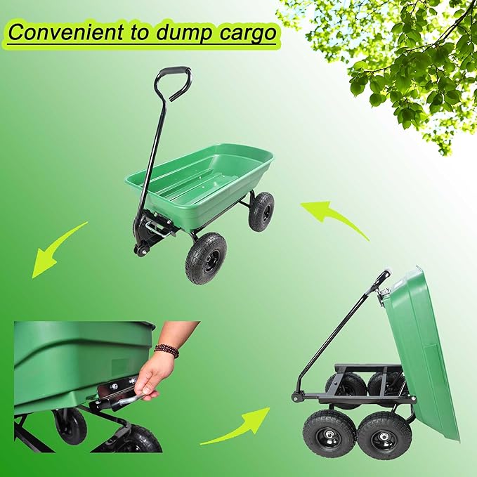 Red Metal Wheelbarrow, Easy Loading and Dumping Garden Cart with Steel Tray, Durable Heavy Duty Utility Trolley for Transporting, Soil, Sand (Green, 4 Wheels-55L)