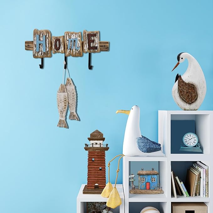 Aecipl Wood Bird Statue Standing Seagull Nautical Decor Coastal Birds Sculpture Indoor Outdoor Animal Figurine Beach Themed Decoration Rustic Home Art for Bedroom Garden (B, L)