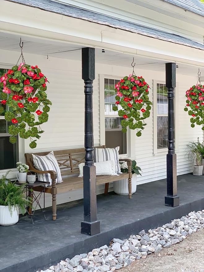 Briful Geraniums Fake Flowers Hanging Basket Outdoor, Silk Summer Vine Faux Flowers, Begonia Artificial Flowers, 5 ⅞’’ Coconut Basket, for Home Farmhouse Balcony Indoor Patio Garden Decor