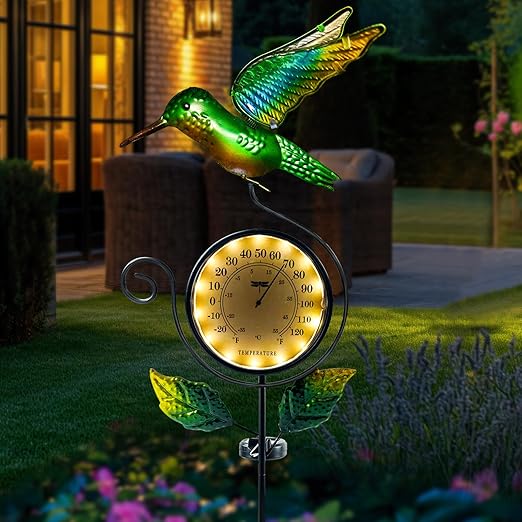 HONGLAND Outdoor Thermometer with Solar & Warm LED Lights, Metal Hummingbird Temperature Stake for Garden, Lawn, Patio, Waterproof Yard Decor