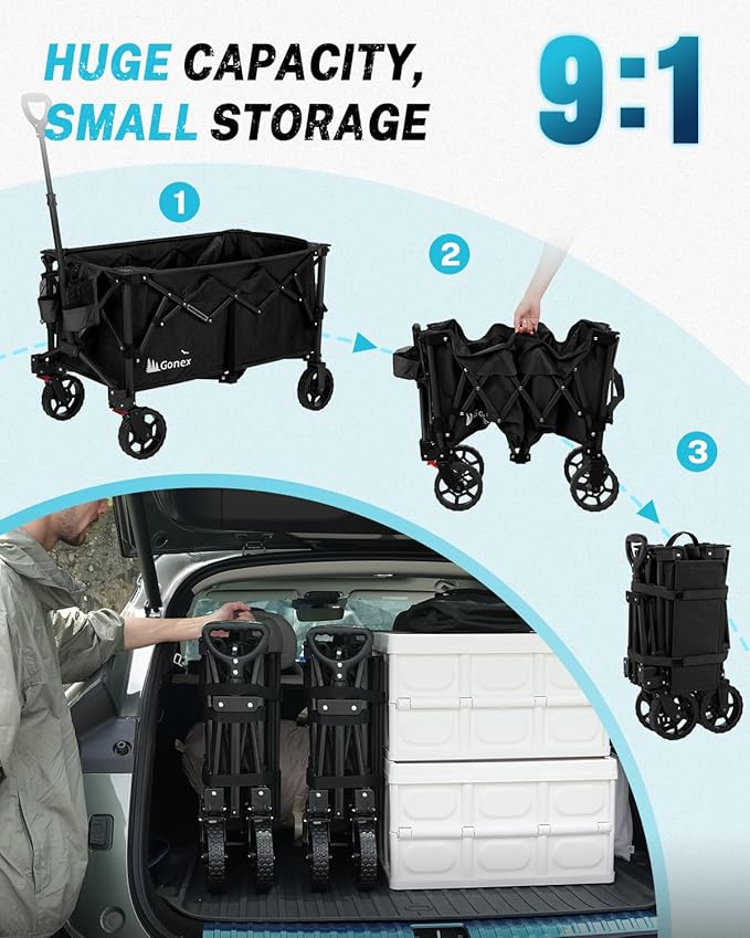 Gonex 38''L Collapsible Foldable Wagon Cart with 360lbs Weight Capacity, 220L Folding Utility Garden Cart with Detachable Wheels for Grocery Sports Shopping Camping - Black