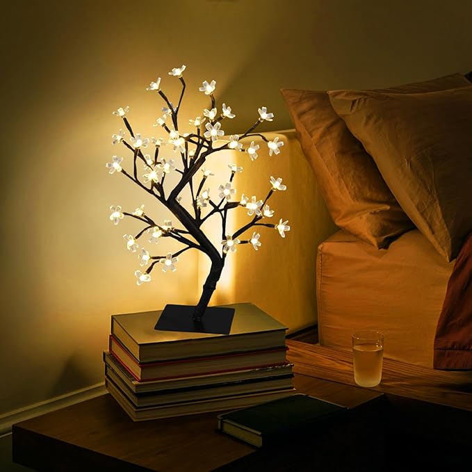PEIDUO 17.5 Inch Lighted Cherry Blossom Tree, 48 Warm White Lights Plug in Adapter, Light up Bonsai Tree for Christmas Indoor Home Bedroom Living Room, Tabletop Decor Night Light Artificial Tree