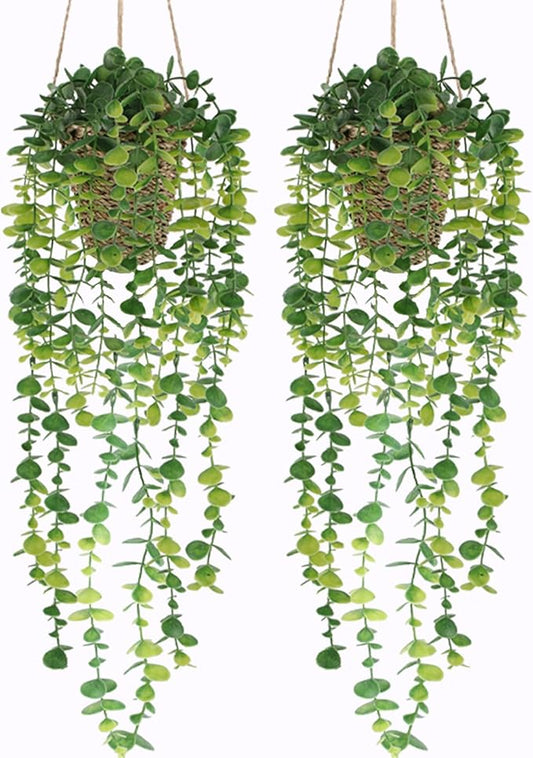 Nisoger Fake Hanging Plant with Woven Basket, 2 Pack Artificial Hanging Plants, Faux Vines Eucalyptus Leaf Hanging Pot Plant for Wall Home Room Indoor Outdoor Bedroom Bathroom Office Decor