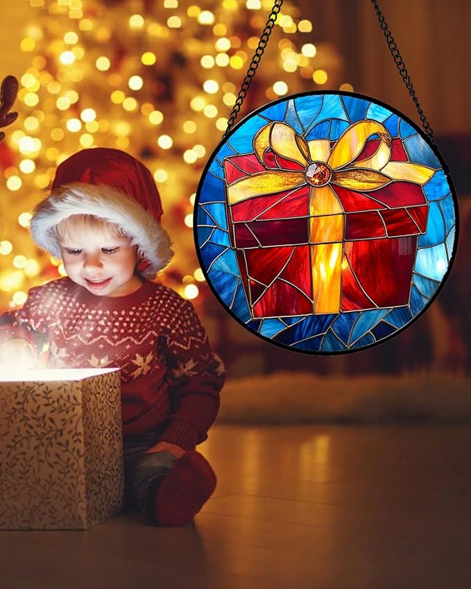 Stained Glass Window Hanging - Gold Red Gift Box Suncatcher for Doors Home Christmas Decoration Sun Catcher Thanksgiving New Year Birthday Gifts for Friend Women Men Mom Nana 7.8 in