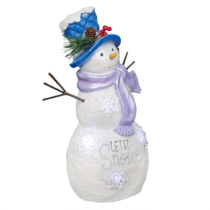 Alpine Corporation 14”H Lavender Winter "Let It Snow" Snowman Statue with Fading LED Lights, Christmas Decor