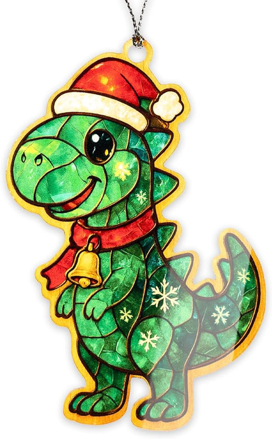 Dinosaur Ornament – Cute T Rex – Kids Holiday Tree Decor – Greeting Card – Christmas Dinosaur Ornament – Suncatcher Effect Stained Glass Window Hanging – Car Hanging