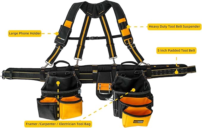 MELOTOUGH 28-Pocket Pro Framer's rig Combo Apron Tool Belt and Heavy Duty Padded Suspenders with Magnetic Desinger for Technician/Carpenter/and Electrician's Tools（Yellow)