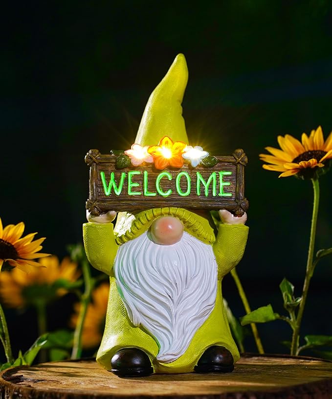 Nacome Solar Gnome Statue for Garden Decor: Outside Sculpture with Flower Welcome Sign Clearance for Yard Art Lawn Ornaments Porch Patio Balcony - Birthday Gifts for Grandma Mom Women(Green)