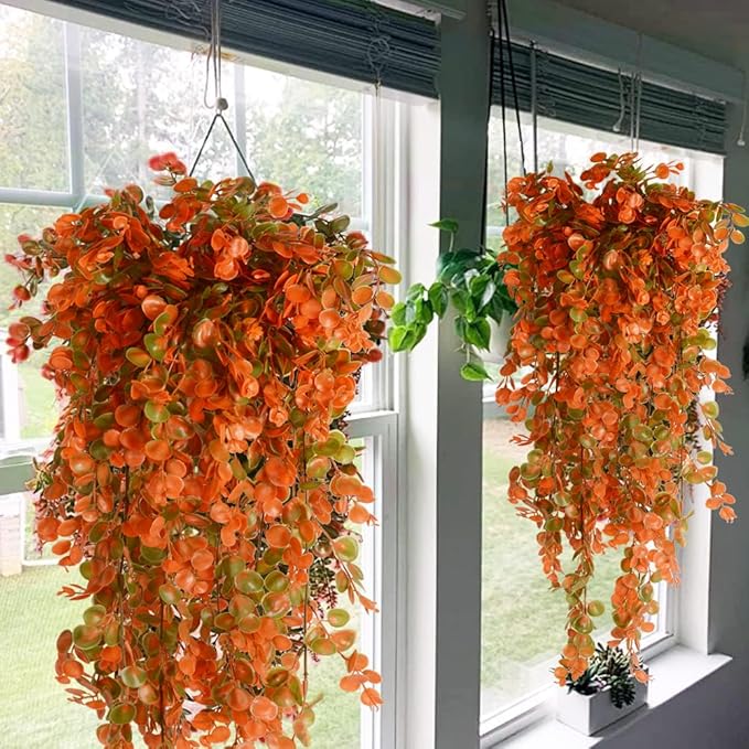 2pcs Artificial Hanging Fall Plants Fake Hanging Plant Faux Eucalyptus Leaf Greenery Vine Outdoor UV Resistant Plastic Plants (2, Fall Orange)