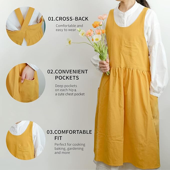 HANEE Cross Back Aprons for Women with Pockets | Japanese Style Cotton Apron | Cute Pinafore Smock for Kitchen etc (6 Colors)