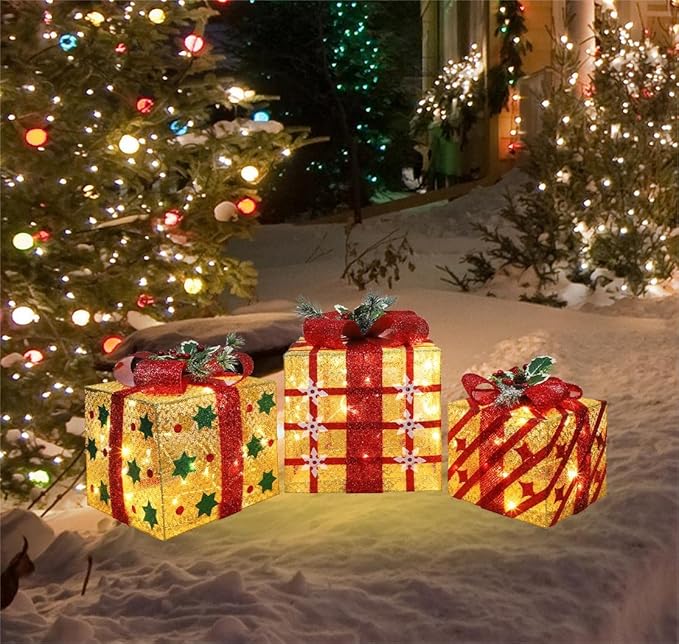 [Ultra-Large 15"x13"x10.5" Christmas Set of 3 Lighted Gift Boxes Decorations Pre-lit 91 Super-Bright LED with Flashers,for Indoor Outdoor Pathway Holiday Party Home(Warm White)