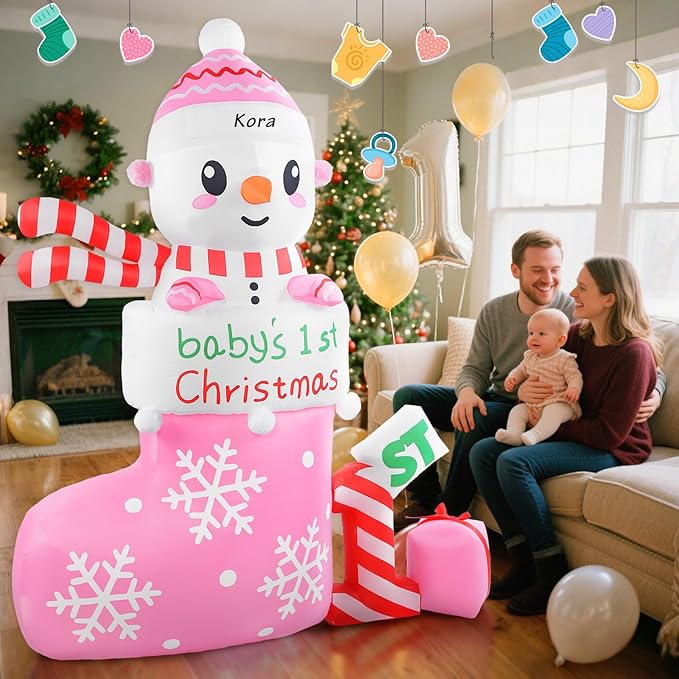 Christmas Inflatable Outdoor Decorations, 6 FT Inflatables Babys First Christmas Stocking Snowman Yard Decor, Built-in LED Light Blow up 1st Xmas DIY Name Ornament for Indoor Outside Lawn Garden(Girl)