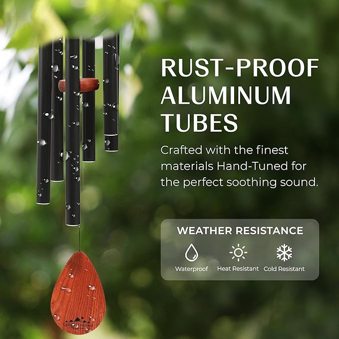 UpBlend XL Wind Chimes for Outside Gift – Deep Tone Wind Chime with Decorative Stone – Porch & Patio Decor, Elegant Outdoor Ornament, Garden Gifts. 38” Black.