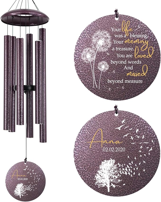 Sympathy Wind Chimes, Personalized Wind Chime for Loss of Loved Ones, Customized Tree Bird Wind Chimes, Commemorative Dandelion Wind Chime Deep Tone 36inch (Produced in USA)