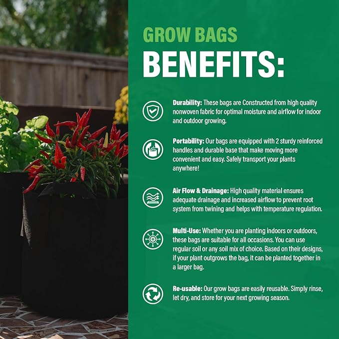 Humboldts Secret Fabric Grow Bags - Non Woven Fabric Plant Pots - Reusable Garden Bags - Plant Grow Bags for Indoor and Outdoor Plants - Thick Fabric Pots with Handles (5-Pack) (7 Gallon)