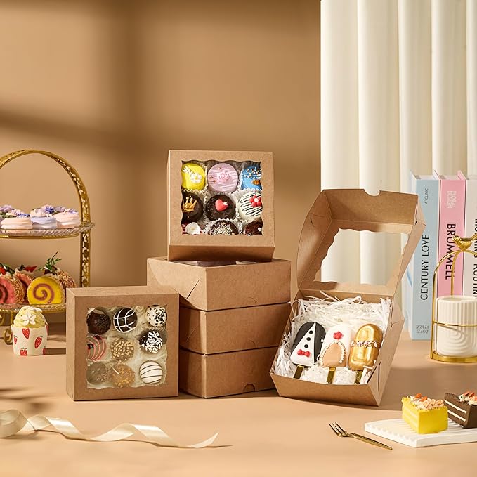55pcs 6"x6"x2½ Brown Chocolate Covered Strawberries Boxes with Window Baking Boxes for Cookies, Cake,Macaron, Pie, Truffle Chocolate & More