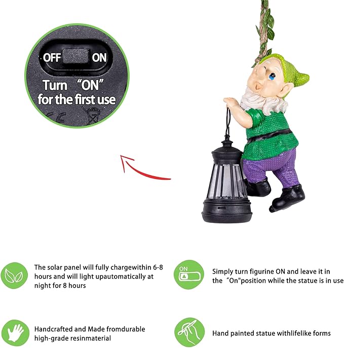 Garden Gnome Solar Lantern Decoration, Green and Purple, Weather-Resistant Resin, Hanging Style, Solar Powered, Whimsical Garden Decor, 6.3 Inch Height