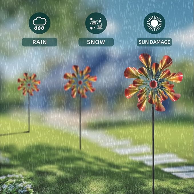 Outdoor Wind Spinner with Garden Stake 88.58" Metal Two-Way Wind Sculptures Solar Color Changing Lights Large Windmills for Garden,Patio,Yard,Lawn Decor Gifts Trumpet