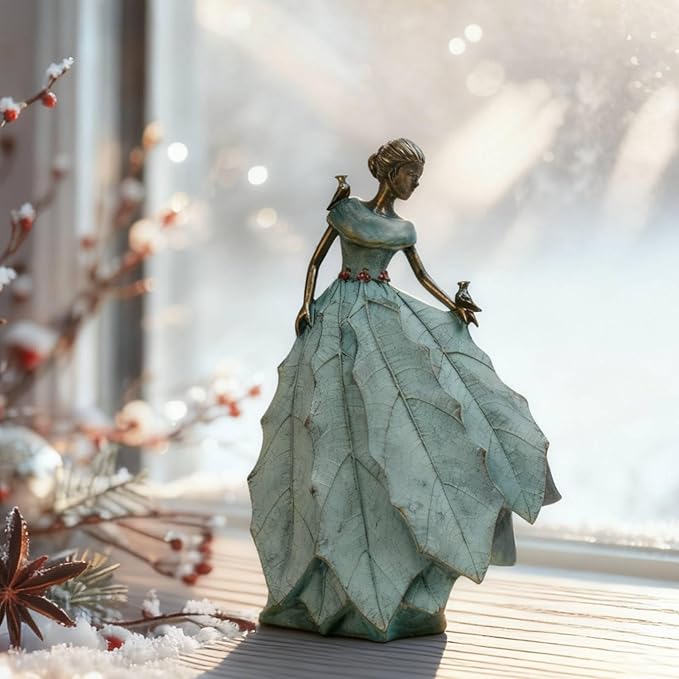 DiliComing Fairy Garden Statue Home Decoration - Outdoor Statue Table Decor for Living Room Garden Maiden Bookshelf Decor Xmas Resin Holly Leaves Maiden Green