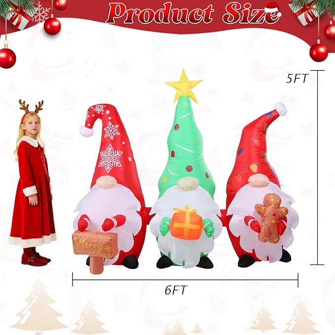 6 FT Long Christmas Gnomes Inflatable Outdoor Decorations, Inflatable Gnomes with Sign and Gingerbread Man Built-in LED Lights Blow Up Yard Decorations for Holiday Indoor Outdoor Party Garden Lawn