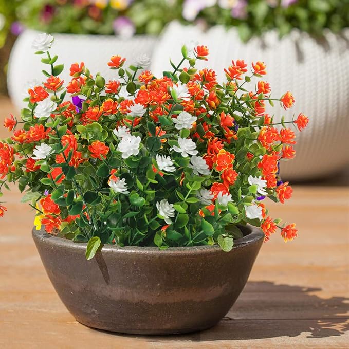 8 Bundles Artificial Flowers, Fake Artificial Greenery UV Resistant No Fade Faux Plastic Plants for Wedding Bridle Bouquet Indoor Outdoor Home Garden Kitchen Office Table Vase (Orange Red)