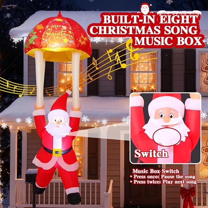 GOOSH 8.2 FT Hanging Musical Christmas Santa Inflatables Decorations, Outdoor Parachute Santa Claus Blow Up Yard with Built-in LEDs for Indoor Party Yard Garden Lawn Decor