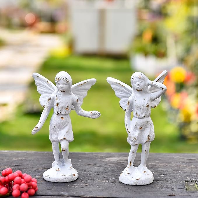 Sungmor Cast Iron Angel Statue, Set of 2 Rustic White Garden Fairy Figurines, Creative Angel Pixie Collection Home Office Desk Decor, Indoor Outdoor Fairy Garden Accent Ornament