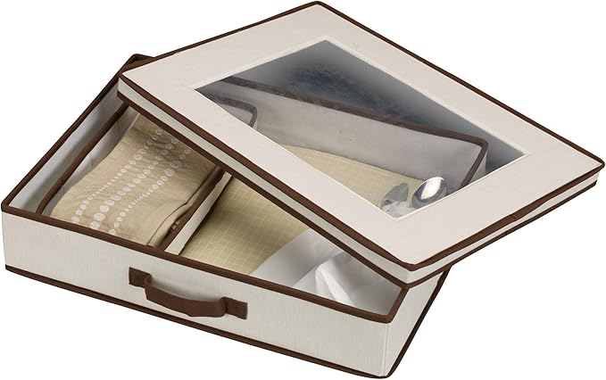 Household Essentials Natural 545 Vision Box with Lid and Handles | Tabletop Linen Storage Set Canvas with Brown Trim