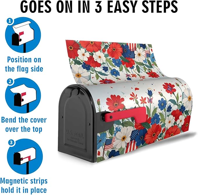 Butterfly Floral Independence Day Mailbox Cover, July 4th American Patriotic Wraps Cover, Red Blue Outdoor Magnetic Mailbox Cover, 25.1" X 21" Post Letter Box for Garden Yard Decor