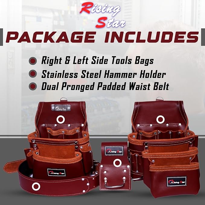 RISING STAR WEARS18 POCKETS MAROON CRAFTSMAN’S COMPANION: LEATHER TOOL BELT/BAGS/POUCHES WITH BACK SUPPORT FIELD WORKER