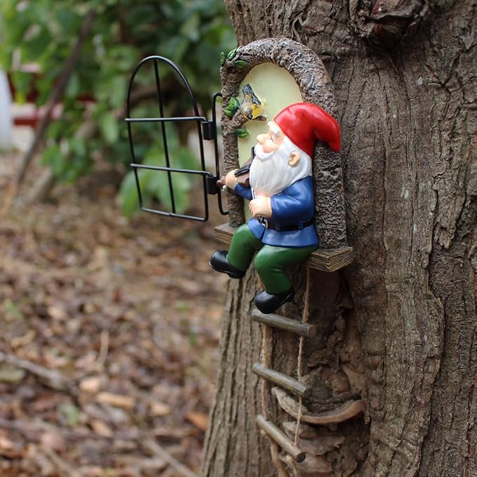 Garden Gnome Window Statue for Trees and Wall, Dwarf Playing Violin Luminous Fairy Garden Miniature Accessories, Glow in The Dark Art Sculpture