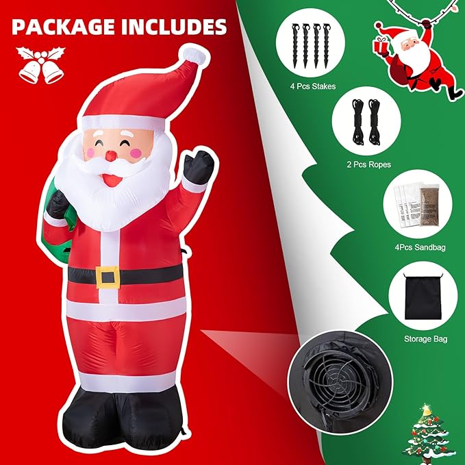 6FT Christmas Inflatable Santa Outdoor Decoration, Blow up Santa Claus Carrying Gift Sack Yard Decoration, Large Inflatable Santa Decor for Xmas Holiday Garden Lawn Patio