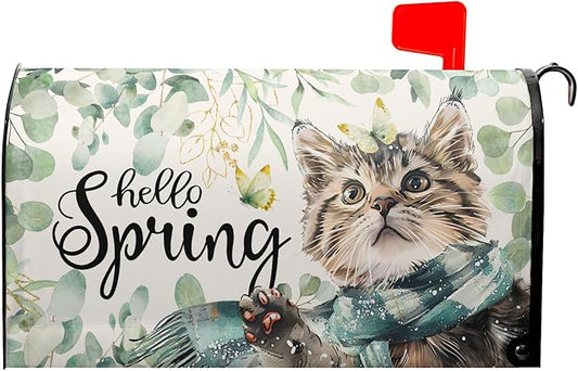 Hello Spring Cat Magnetic Mailbox Cover 21"x18" Watercolor Sage Green Eucalyptus Leaf Kitten Butterfly Mailbox Wrap Post Cover Standard Size for Garden Yard Outdoor Outside Decor