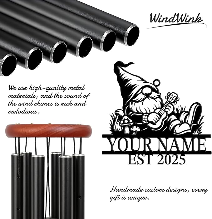 Personalized Customize Name Gnome Wind Chime, Metal Iron 37 Inch Outdoor Memorial Gift for Garden Yard Patio Home Decor, Black，Christmas (Style B)