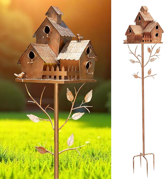 75" Large Copper Colored Multi-Birdhouse Stakes - Metal Bird Houses Stake with Pole for 4 Bird Families in Each for Outdoor Patio Yard Garden Decoration