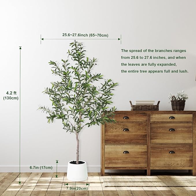 Artificial Olive Trees Indoor,Faux Olive Tree with White Planter Pot,Artificial Plants Lifelike Fruits for Home Office MeetingRoom Living Room Indoor Outdoor Decor(4.2ft)