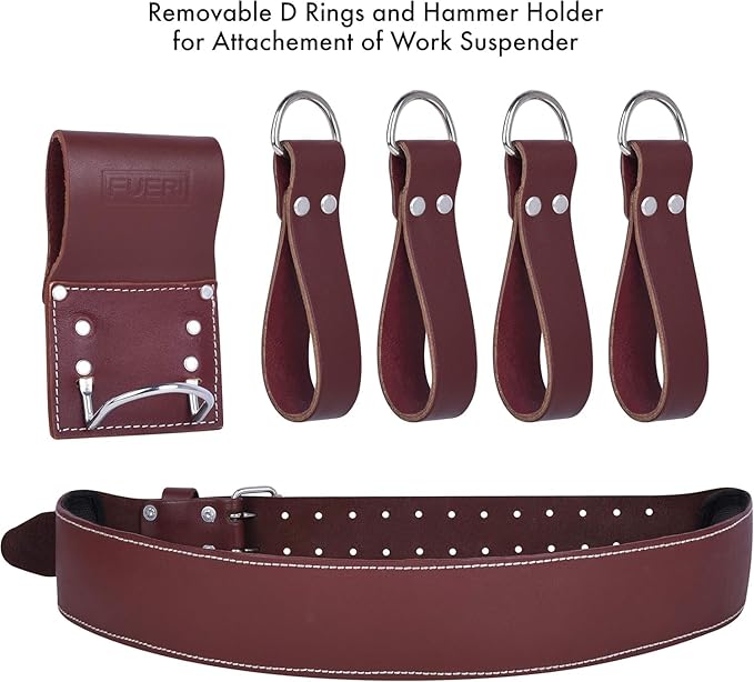 FUERI Leather Tool Belt 17 Pocket Pouches Bags Men Suspenders Holder Organizer for Carpenter Construction Electrician - Maroon